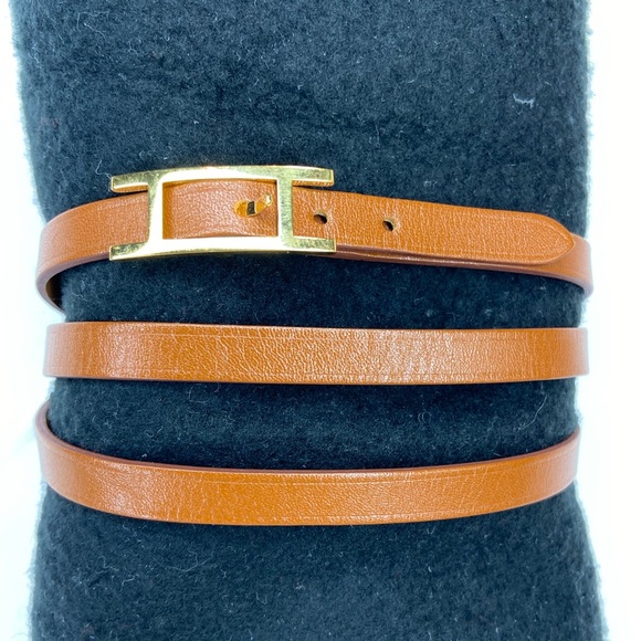 Hermes Mens Tan Leather Wrap  bracelet Gold Tone H‎ Buckle - Picture 1 of 12